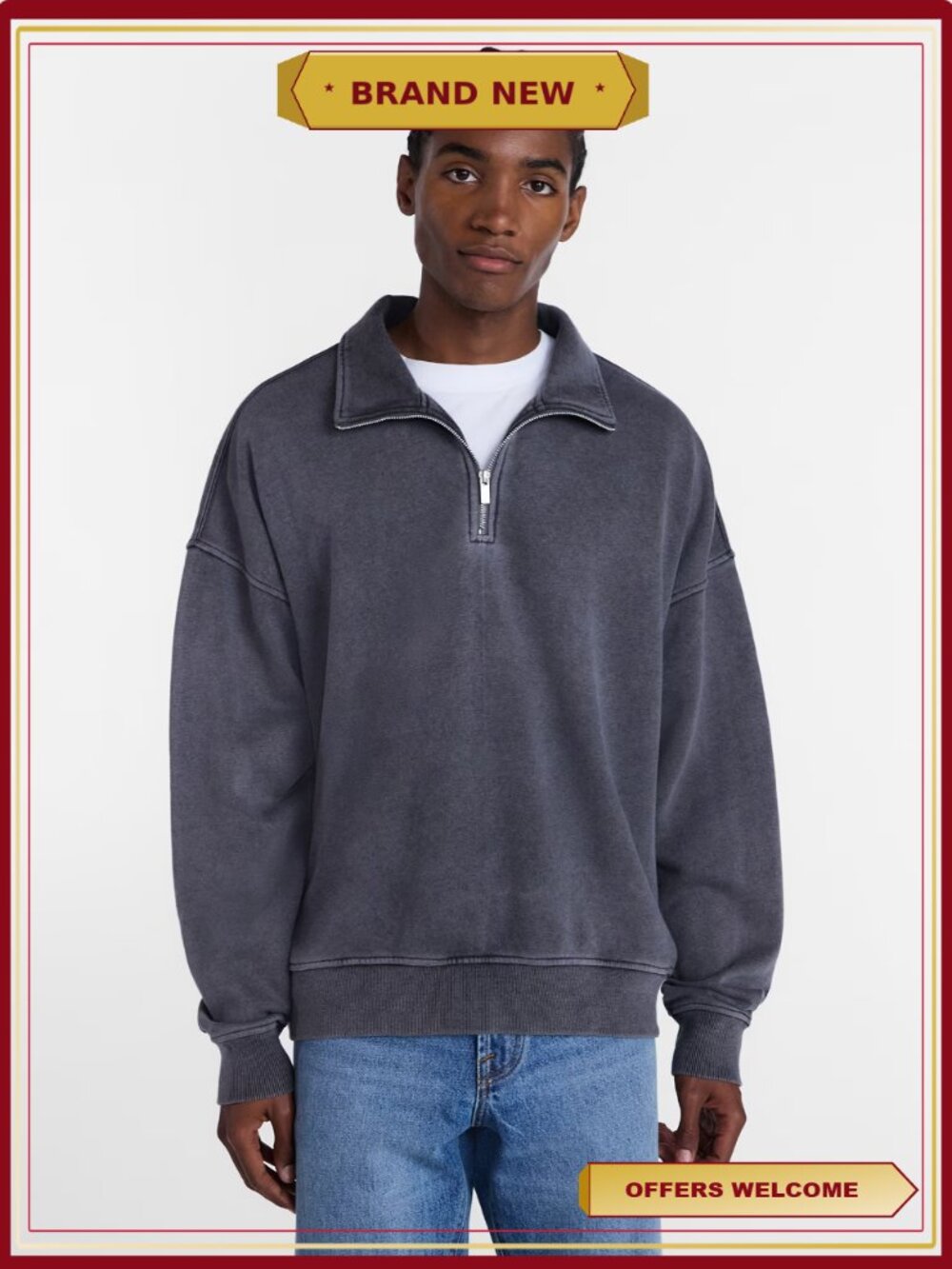Men's Boxy Fit Quarter Zip Fleece Pullover Sweatshirt Long Sleeve